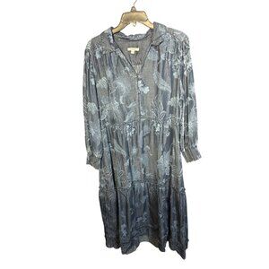 Chicos Womens Tiered Floral Denim Look Dress With 3/4 Sleeves & Smocked Cuffs Si